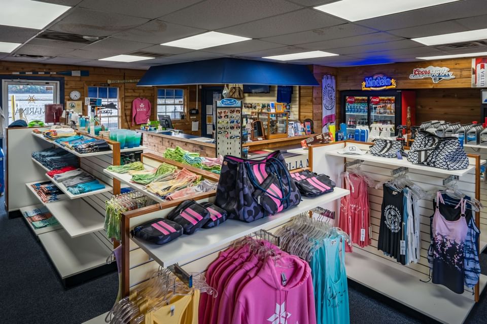 Items & clothes on display in a store at Shangri-La Monkey Island