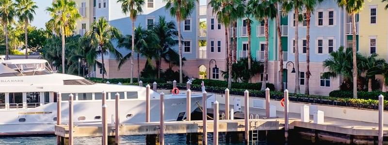 Yacht docked at a marina in Downtown Nassau near Warwick Paradise Island Bahamas