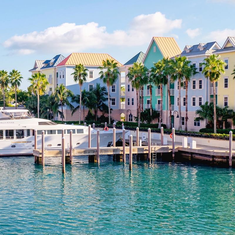 Yacht docked at a marina in Downtown Nassau near Warwick Paradise Island Bahamas