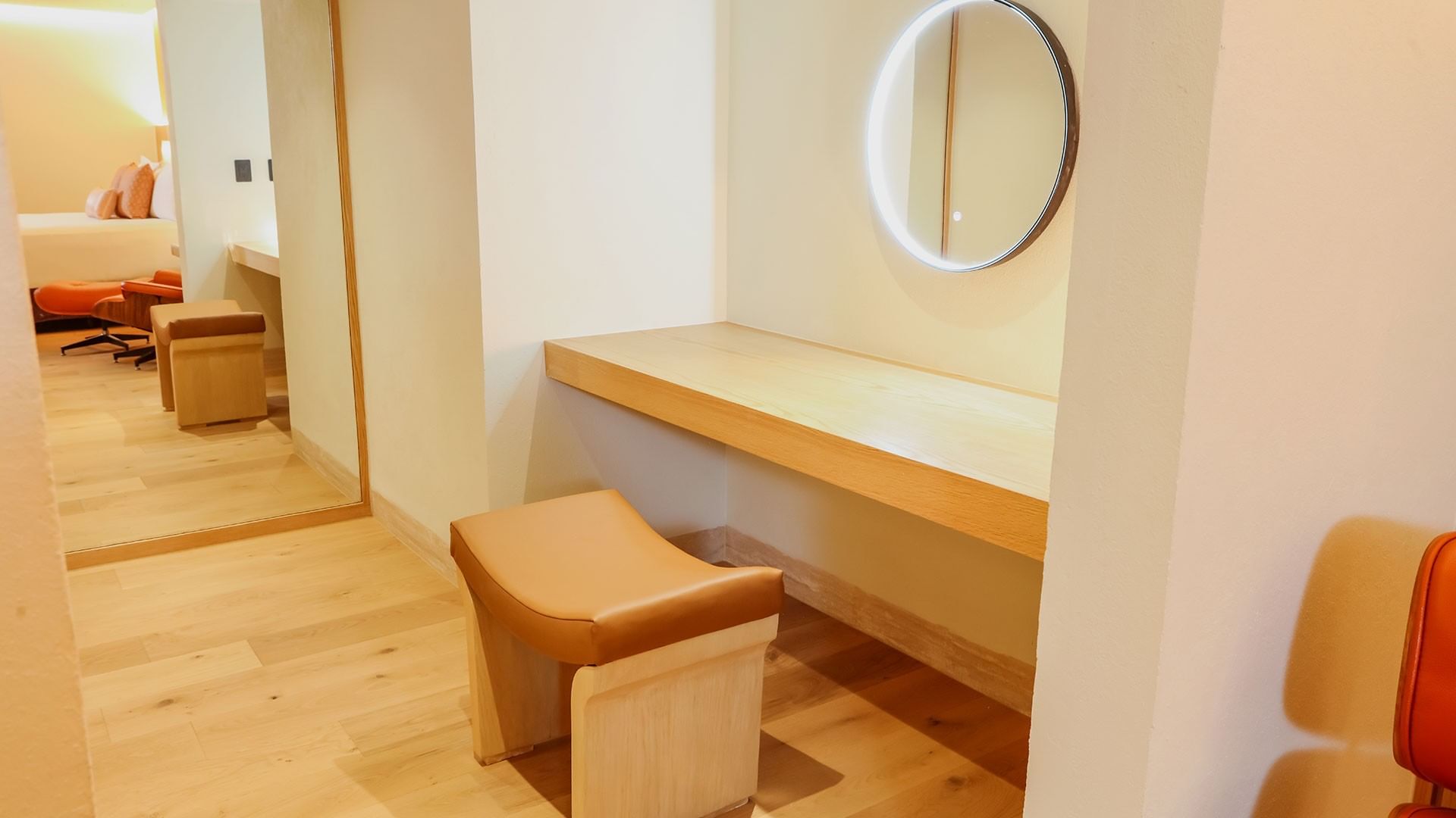 Wooden vanity and stool in King Superior Junior Suite at Camino Real Polanco Mexico Ciudad de Mexico.