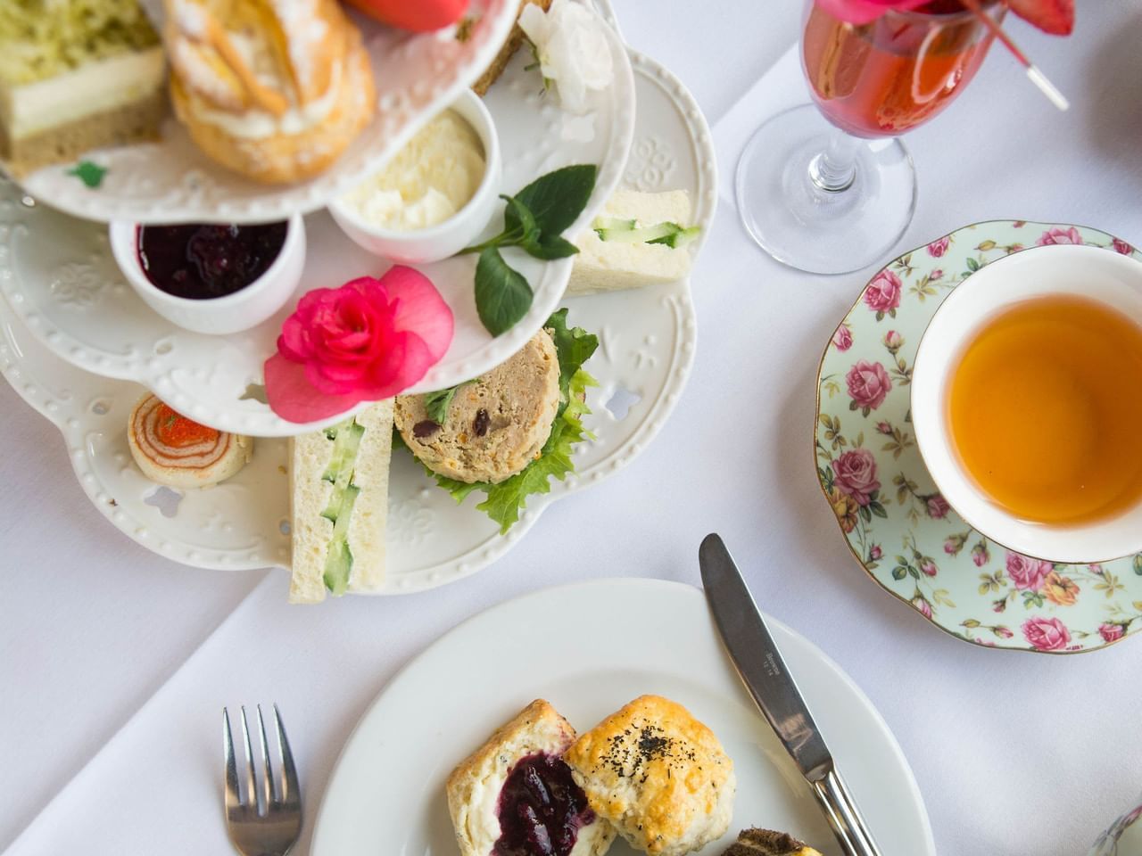 Tea served with sweet & savory treats in Pendray Tea House at Pendray Inn & Tea House