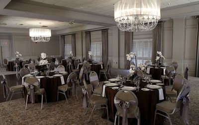 Banquet table set-up in a wedding hall at Ethan Allen Hotel