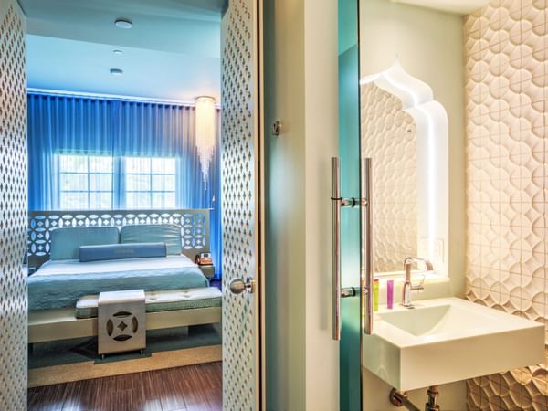 Silver Deluxe King room & the powder room at Dream South Beach