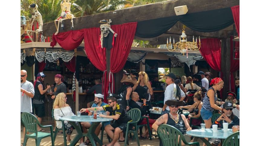 People in pirate costumes hanging around in a Halloween party at Catalina Island Company