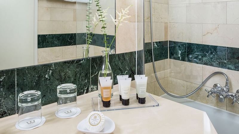 Close-up of bathroom amenities at Warwick Geneva