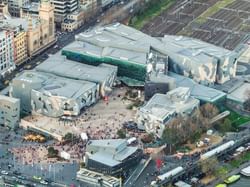 Aerial view of Federation Square near Brady Hotels Jones Lane