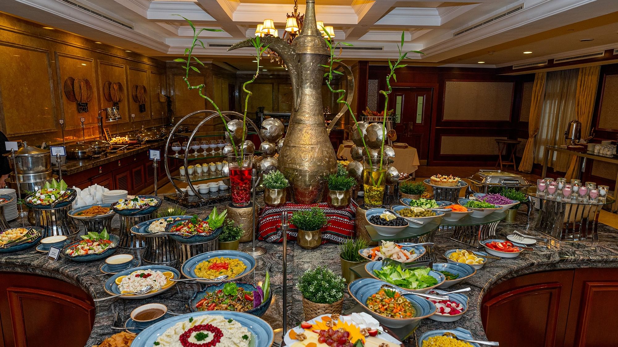 A lavish buffet spread with a variety of dishes at Friday Brunch at Warwick Doha in Doha.