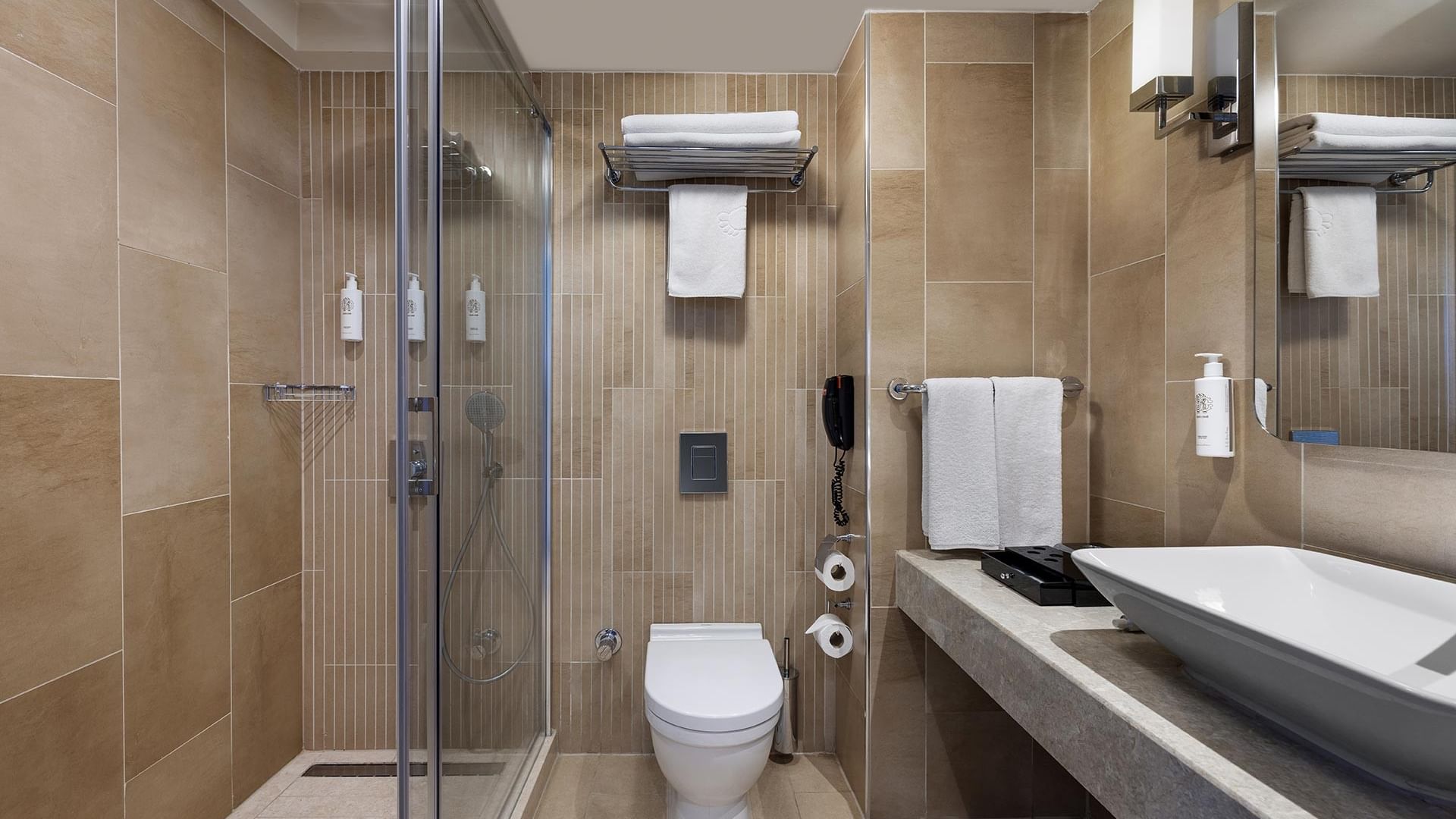 Deluxe Sea View Room's modern bathroom with shower, toilet, sink, and wall-mounted towels and toiletries, reflected in a large mirror.