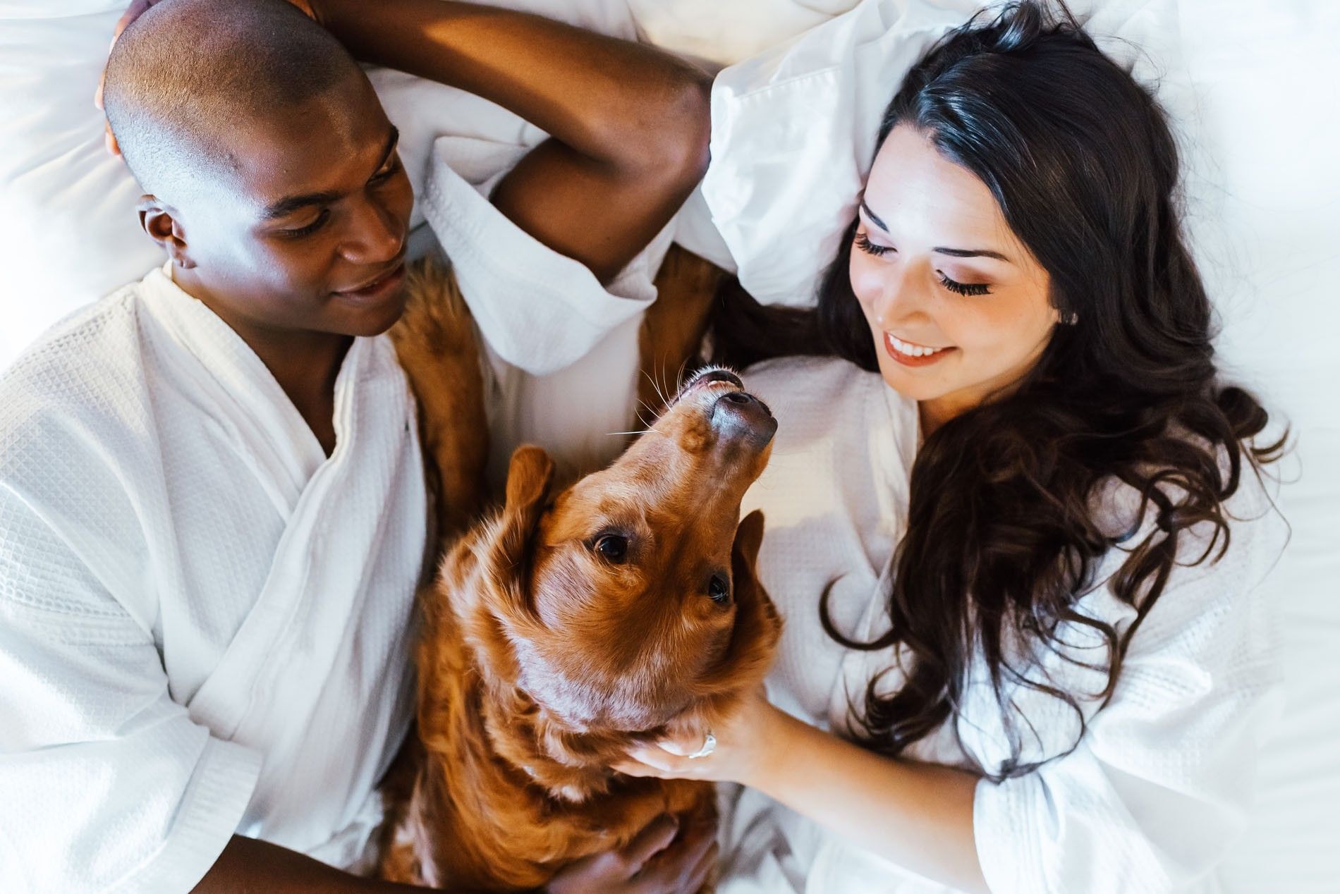 Happy couple in white robes on white bedding, looking down a petting retriever at Warwick Denver