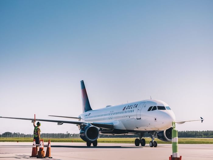 A Delta Airlines plane lands at Northwest Florida International Airport in Panama City Beach, FL