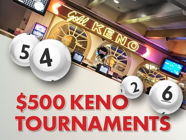 $500 Keno Tournaments Logo with Keno Balls and Gold Keno Room in Background