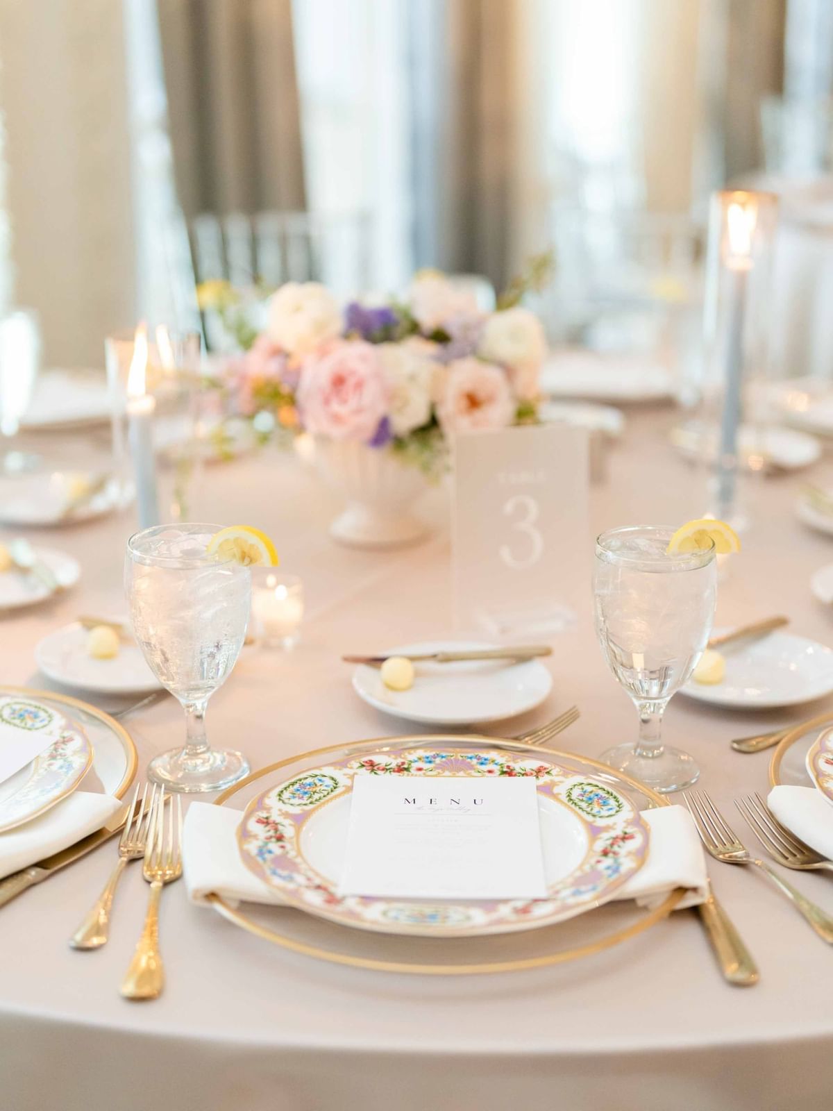 Close-up of banquet table set-up at The Mayo Hotel