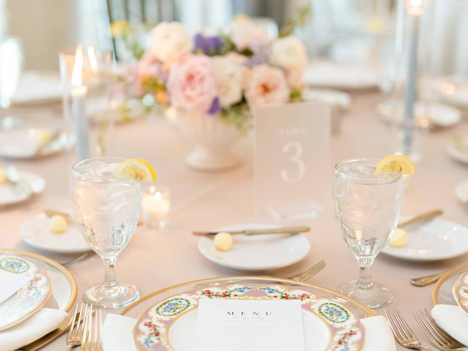 Close-up of banquet table set-up at The Mayo Hotel