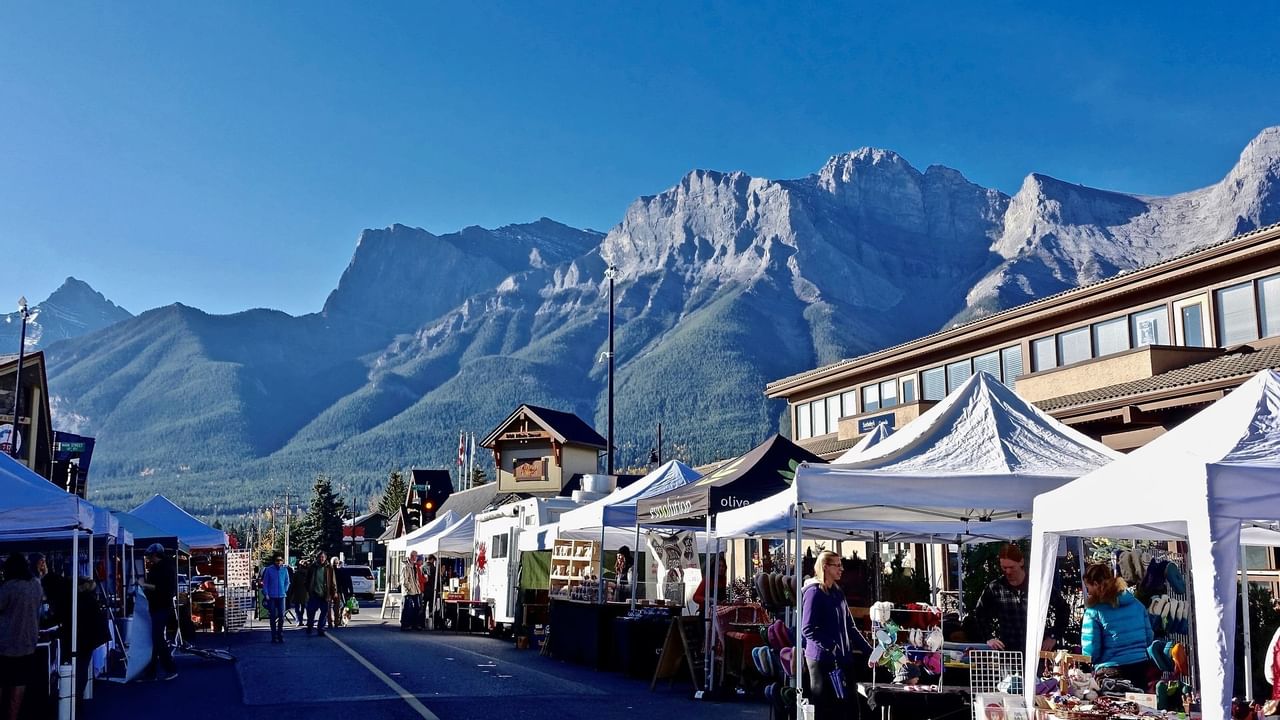 Outdoor market with mountains in background
