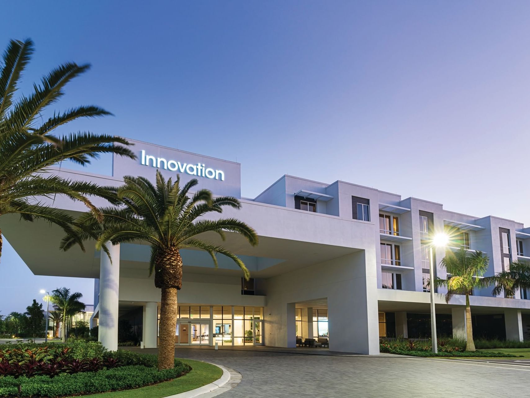 Front exterior view of the entrance to Innovation Hotel
