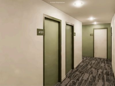 Three room doors along a hallway at UniLodge Brisbane City.