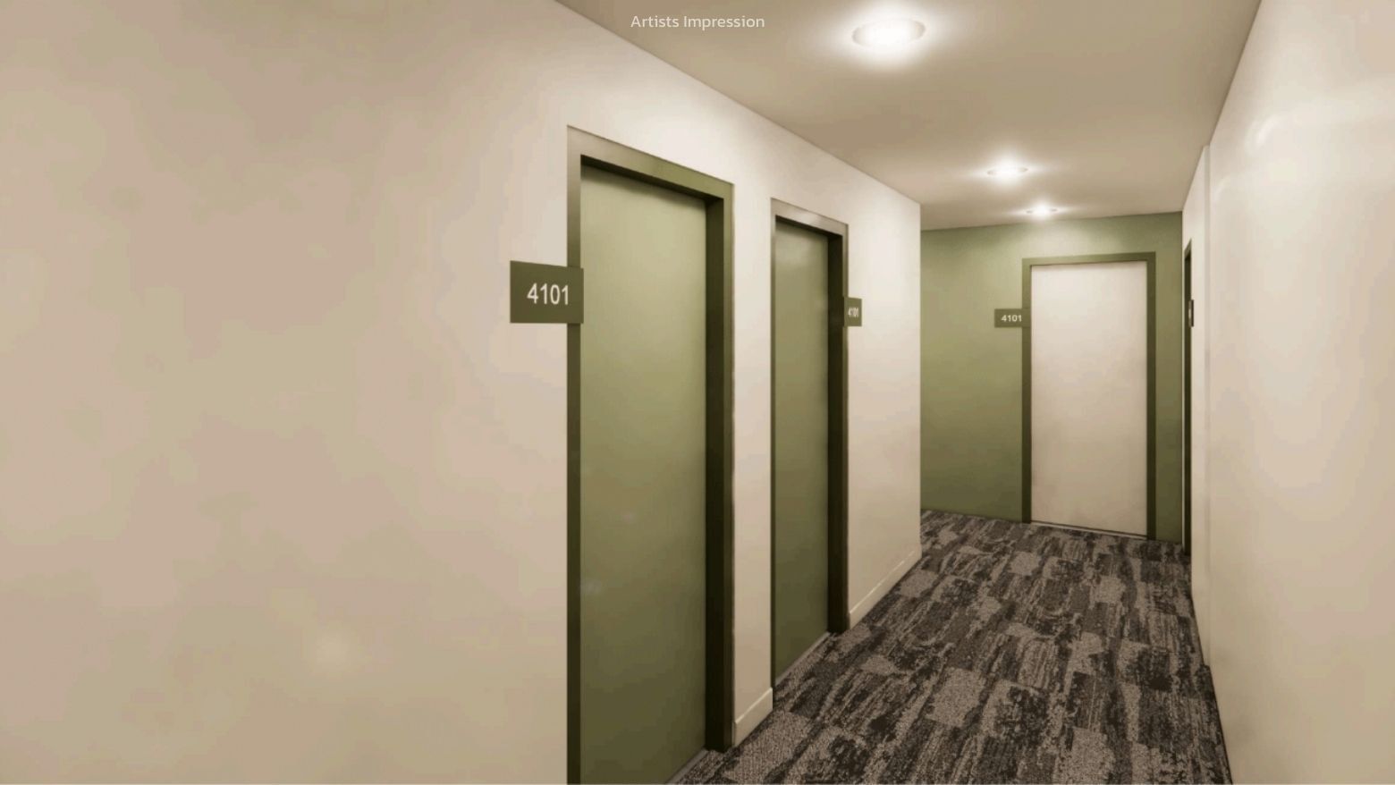 Three room doors along a hallway at UniLodge Brisbane City.