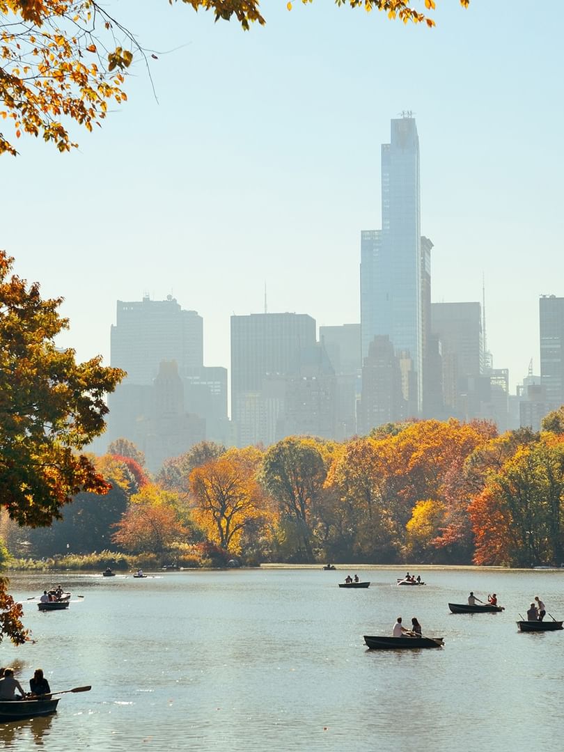 Couples rowing boats on a tranquil lake surrounded by vibrant autumn foliage and city skyline at Warwick New York