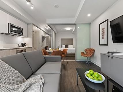 One bedroom living room, dining, bedroom