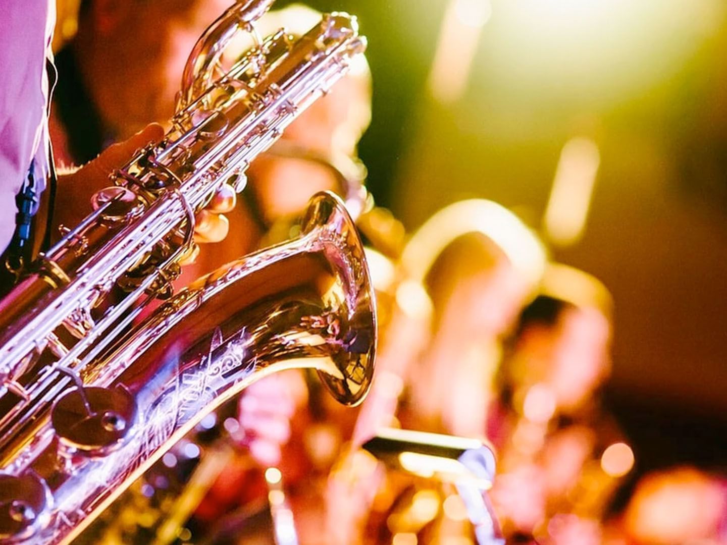 Close-up of a performer's saxophone at Music Road Resort