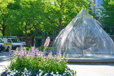 Fountain & flower path by a car park, Nesuto Canberra Apartment