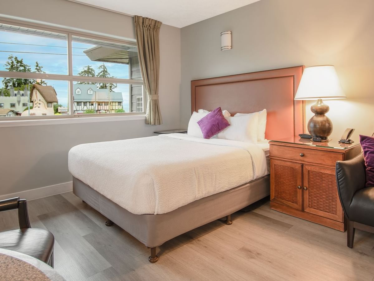 A hotel studio suite with queen bed