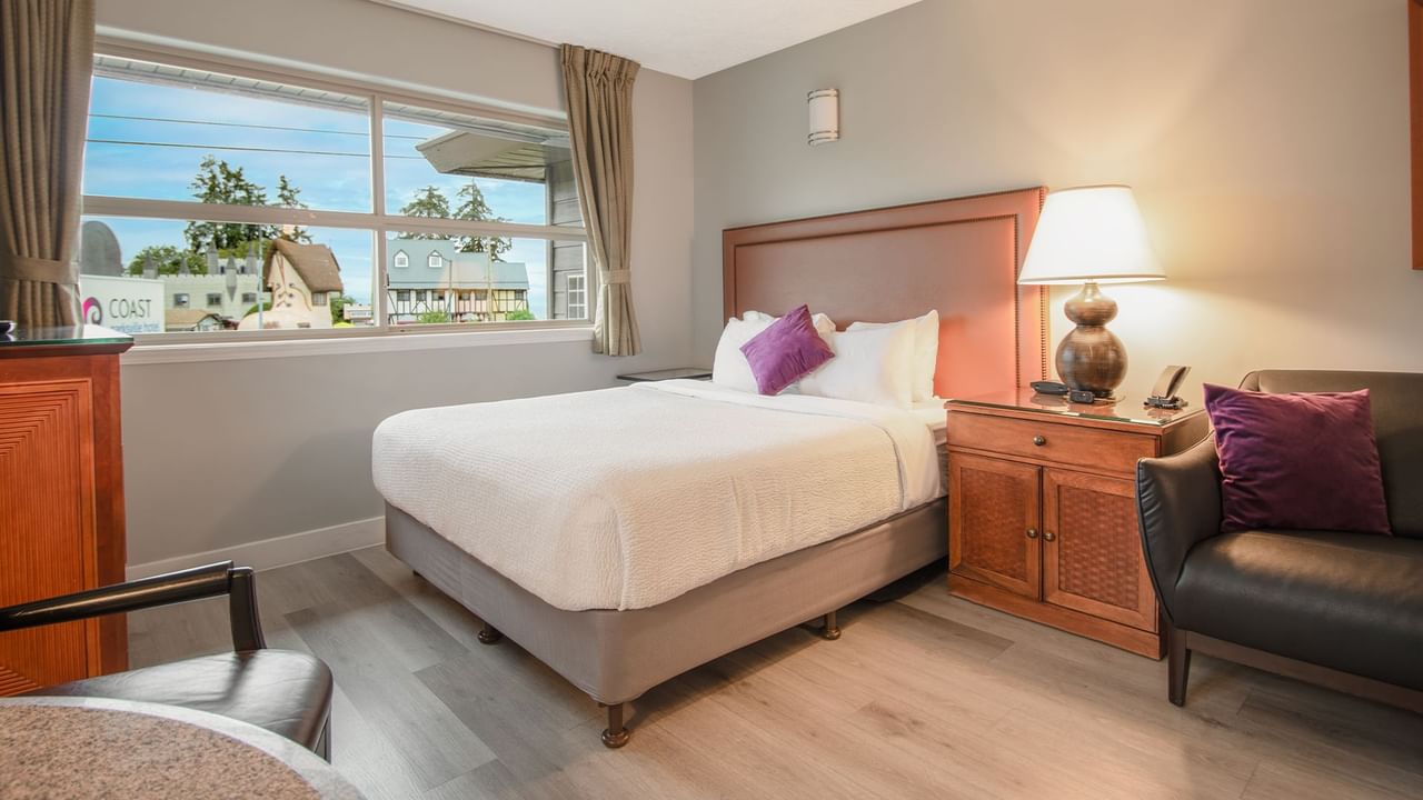 A hotel studio suite with queen bed