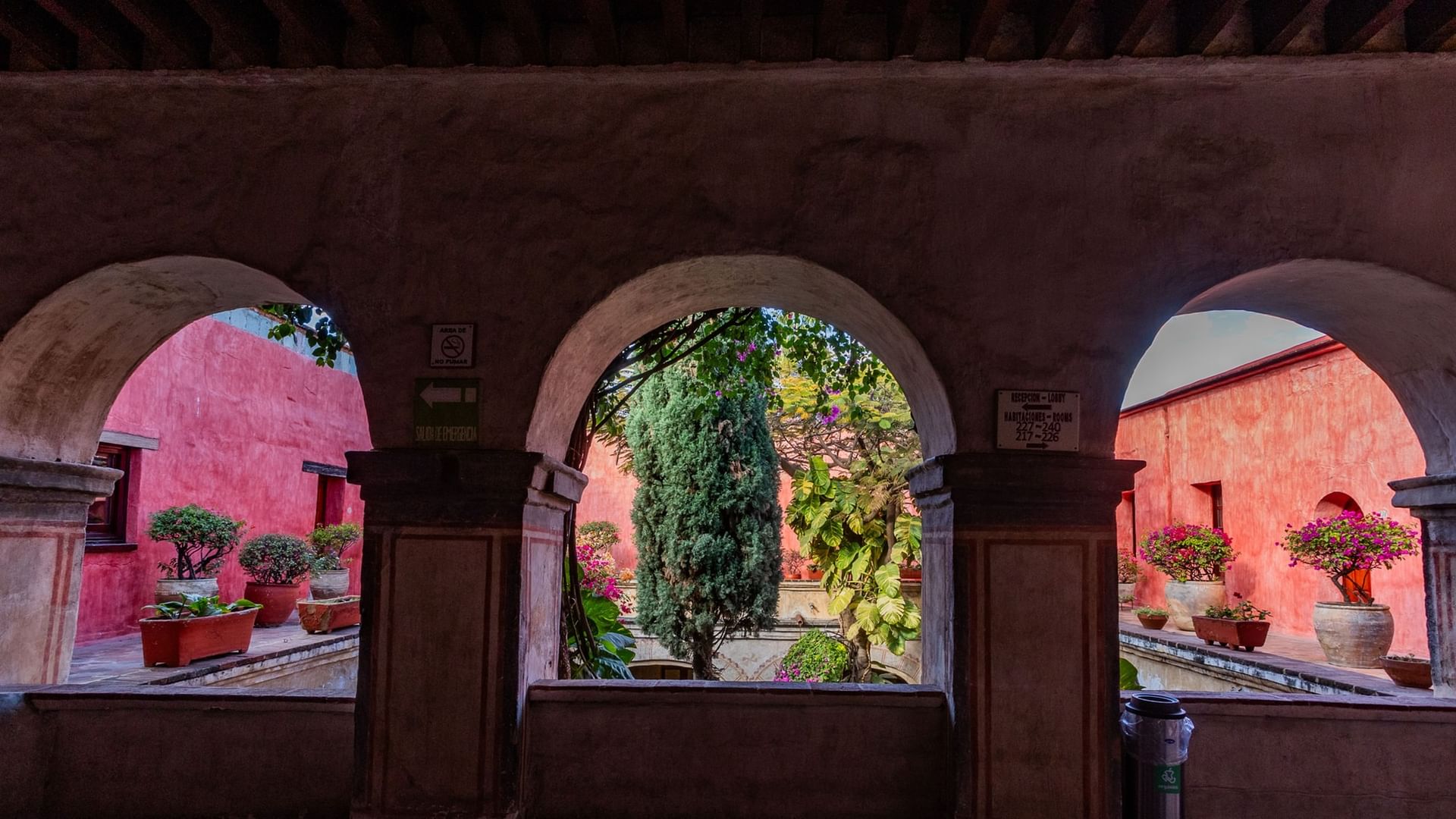 Patio histórico rosado visto a través de arcos de piedra con árboles verdes en Quinta Real Oaxaca