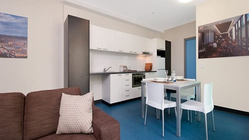 Student Living Edge Apartments – East End lounge and kitchen_Serviced Apartments Adelaide