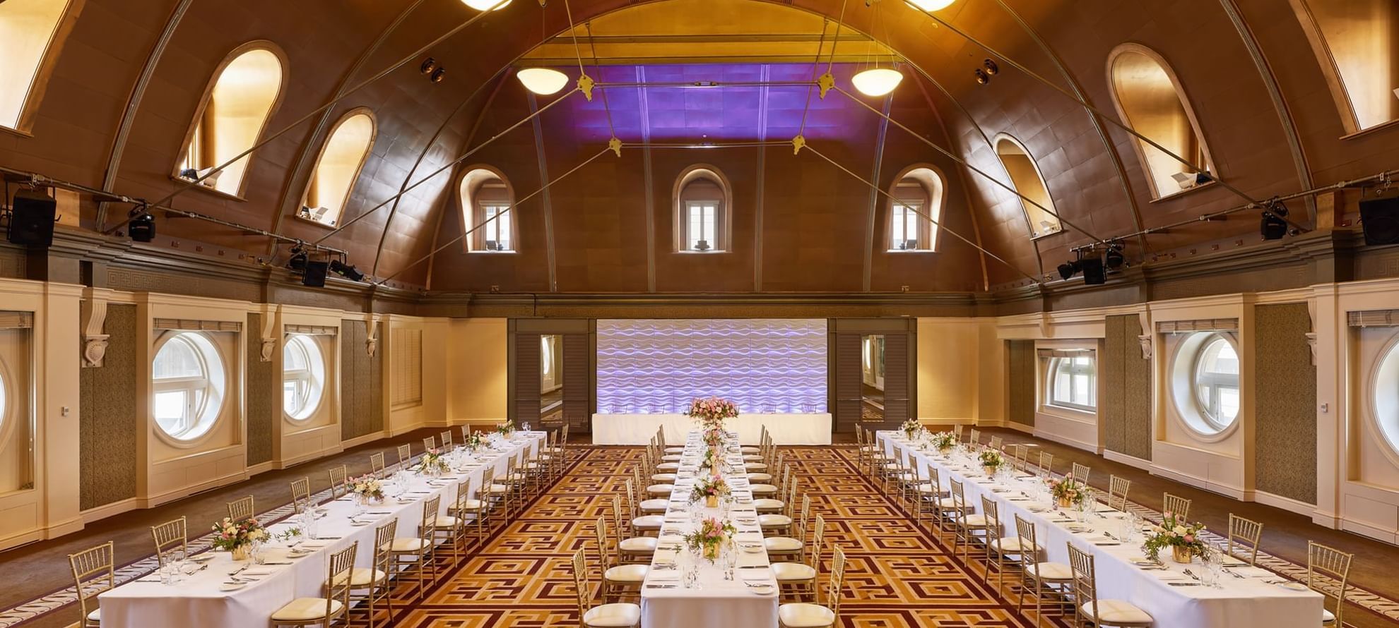 Archery styled wedding hall set up in Heritage Ballroom at The Fullerton Hotel Sydney