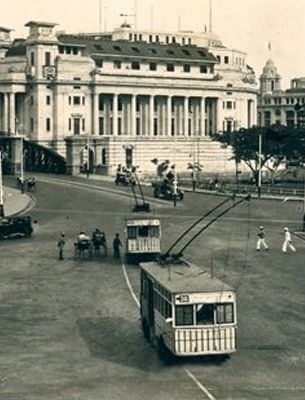 Grayscale vintage aerial view of The Fullerton Hotel Singapore