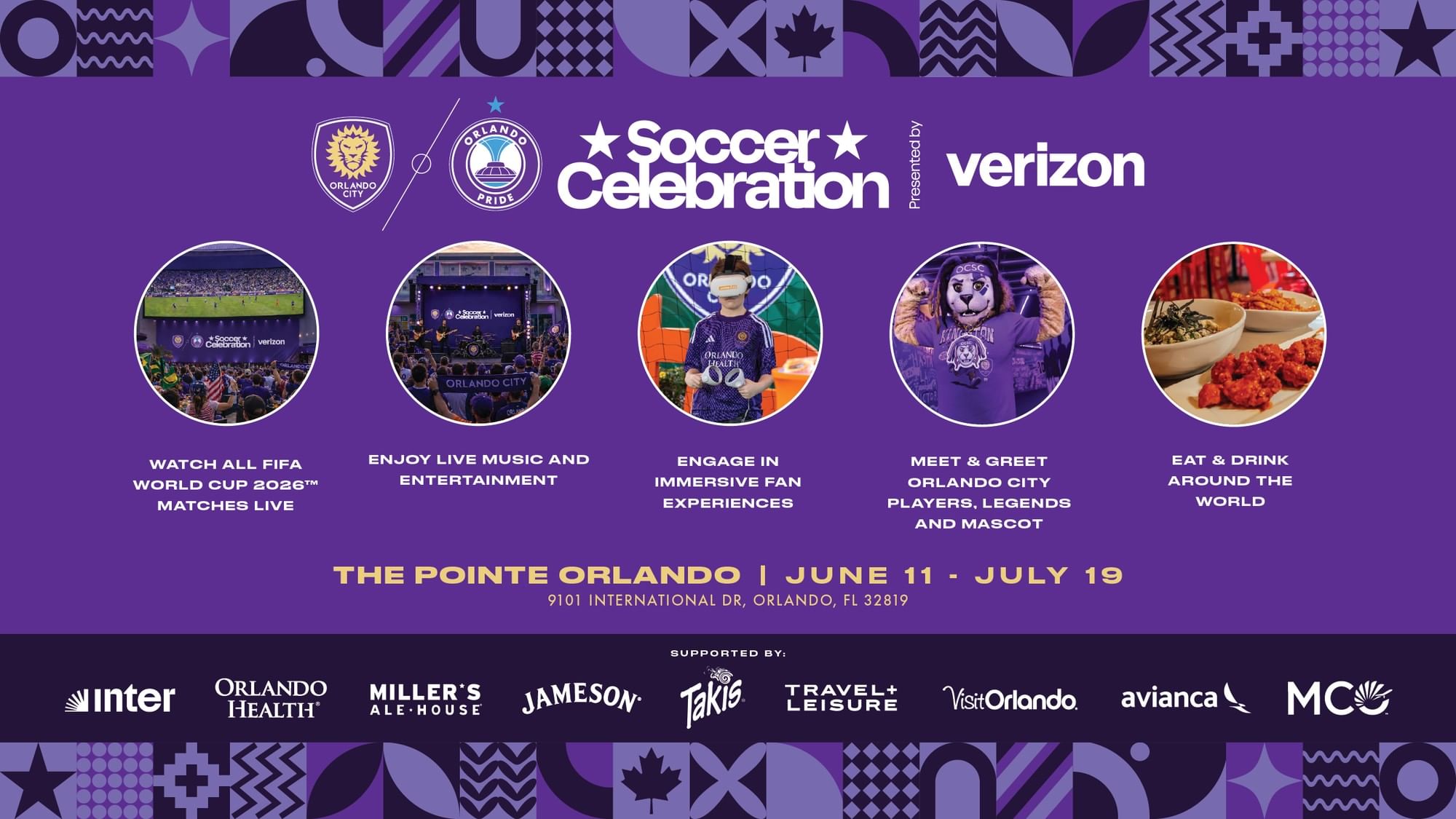 A purple graphic for the Soccer Celebration at Pointe Orlando advertising dates, times, sponsors, and text about the event where guests can watch the FIFA World Cup in Orlando.