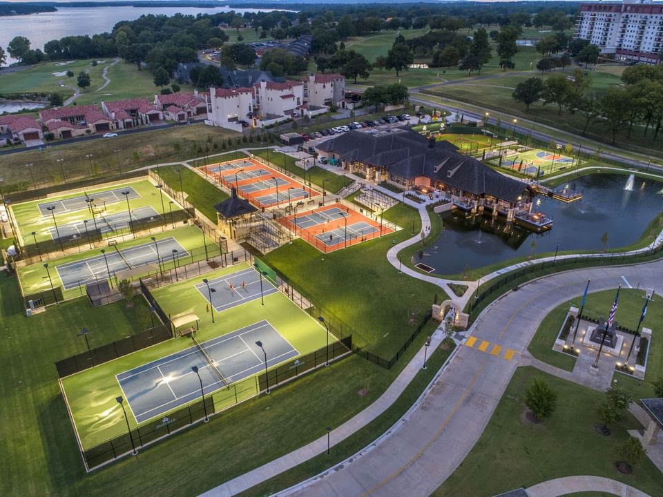 Aerial view of the outdoor courts at Shangri-La Monkey Island