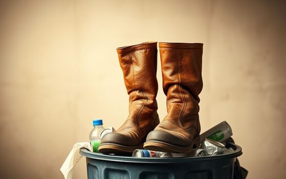 Pair of brown leather work boots sitting on top of overflowing garbage can filled with aluminum cans at Rodd Hotels & Resorts