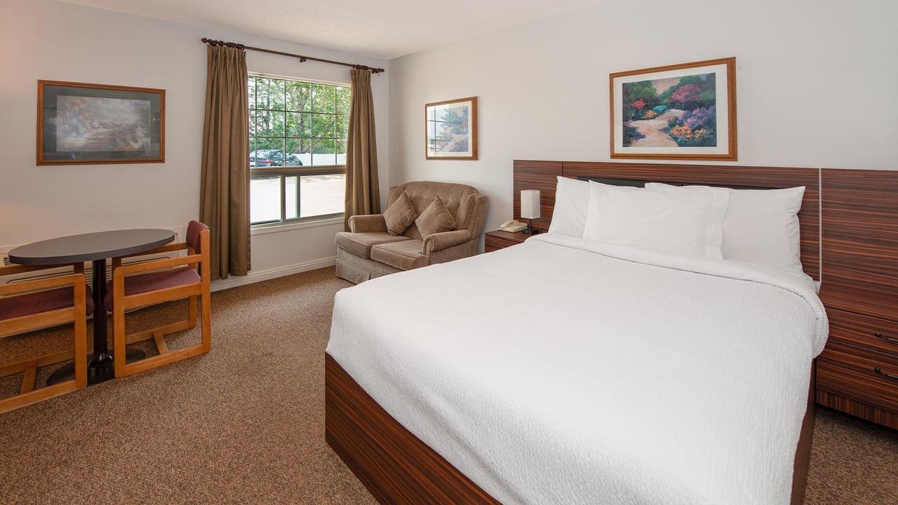 Guest room with a queen bed, work desk, TV and window