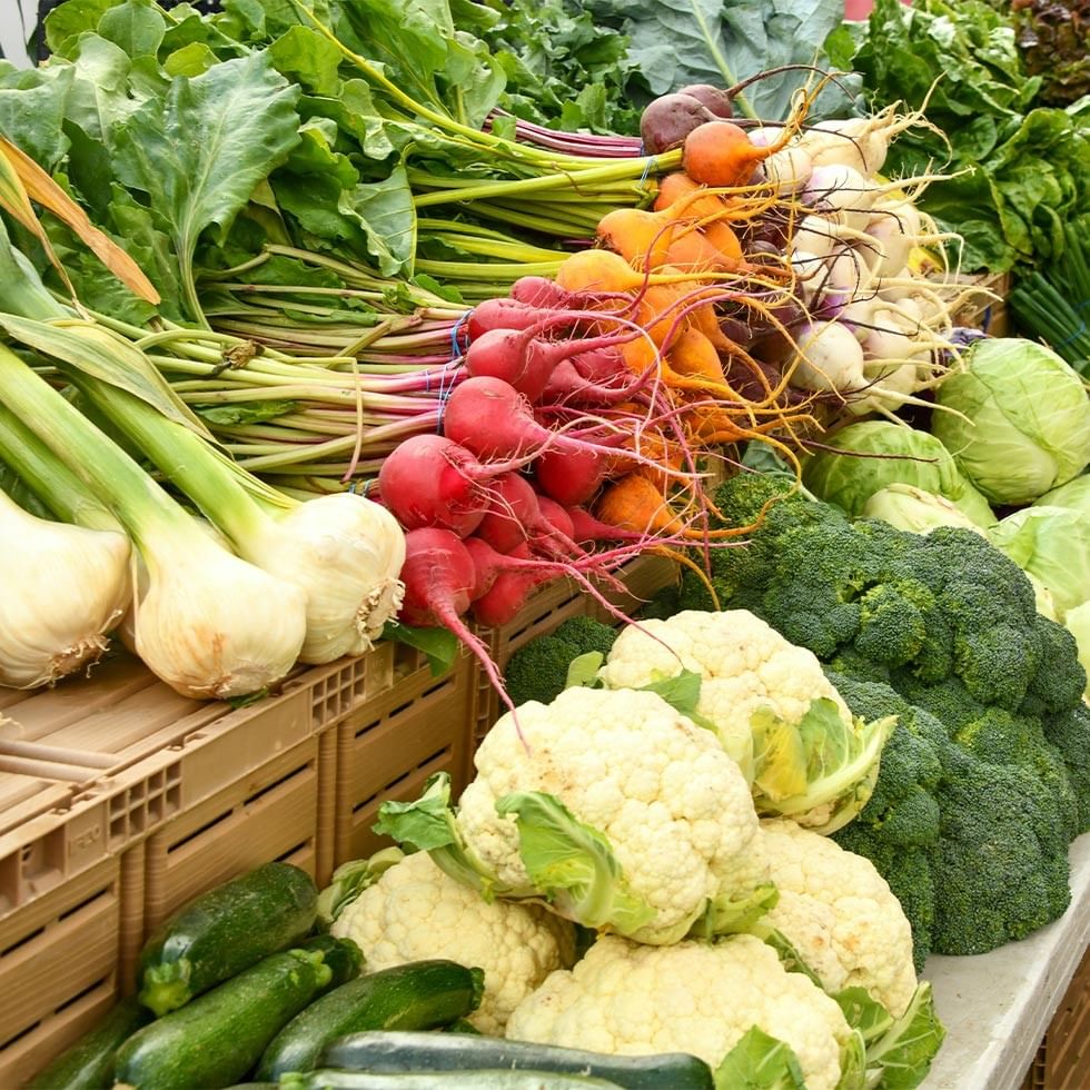 Verschiedene frische Gemüsesorten, darunter Radieschen, Brokkoli, Blumenkohl und Zucchini, auf einem Markt.