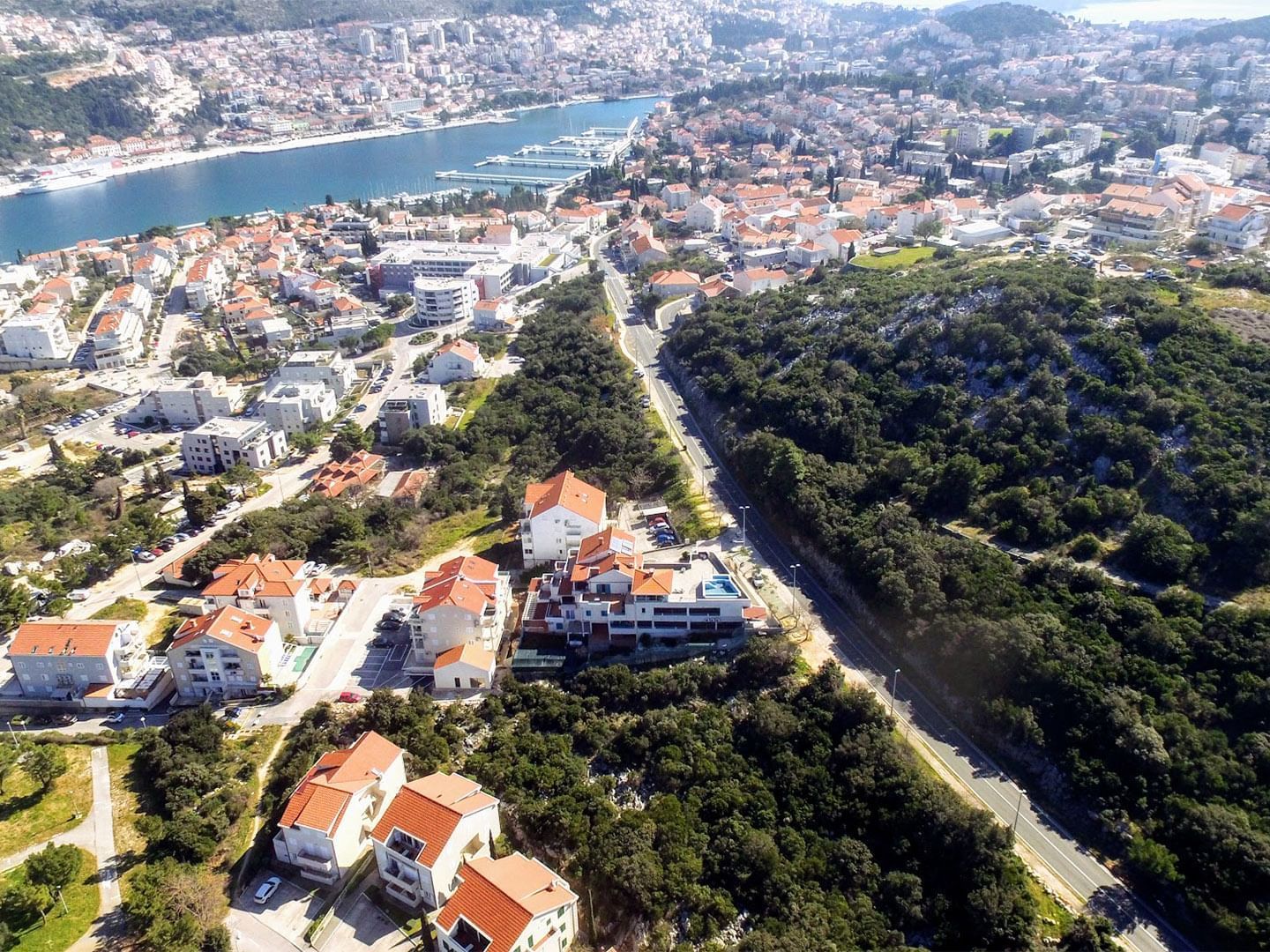 Aerial view of Pervanovo Apartments in the city
