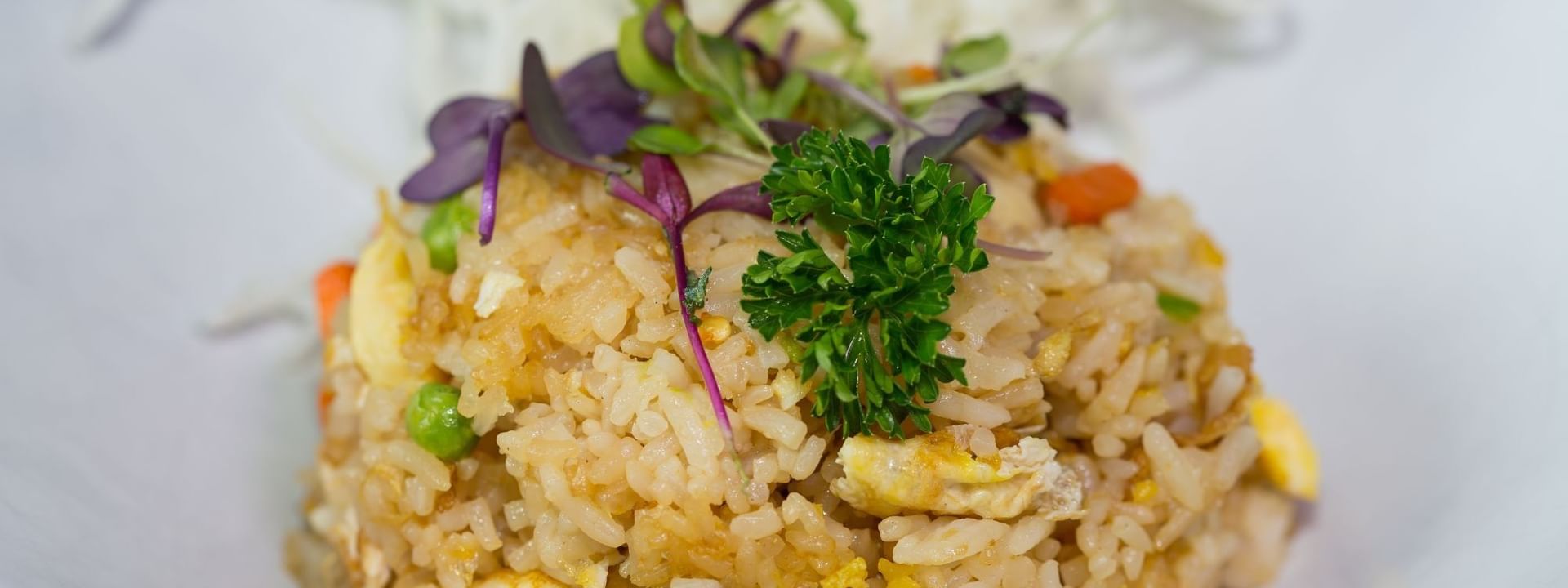 Vegetable fried rice with rice noodles under purple microgreens in Tings on a Stick at Warwick Paradise Island Bahamas