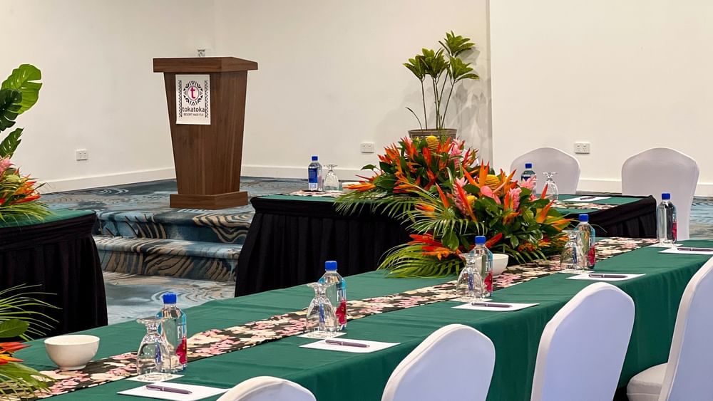 Styled Talei Meeting Room with a long table at Tokatoka Resort - Fiji International Airport in Nadi.