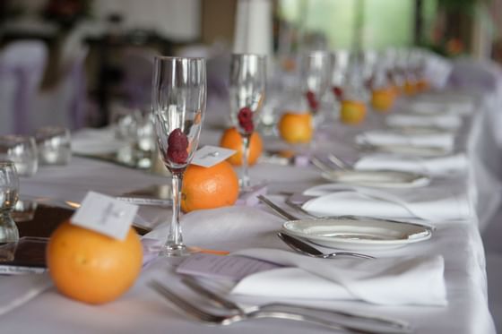Dining table setup for an event at Mystic Dunes Resort