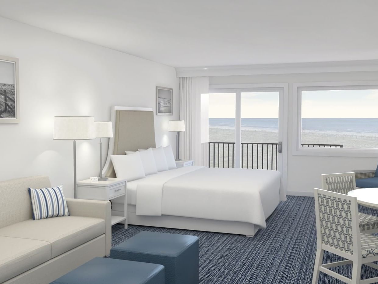 Interior of Oceanfront Studio with dining table & pull out sofa at ICONA Windrift in Avalon NJ