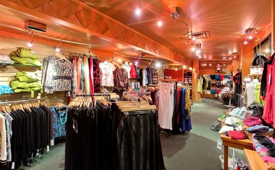 Variety of clothes on display in Legends gift shop at Harrison Hot Springs Resort
