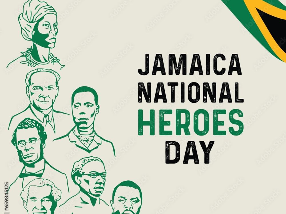 Jamaica National Heroes Day poster featuring green line art portraits of national heroes near Jamaica Pegasus Hotel