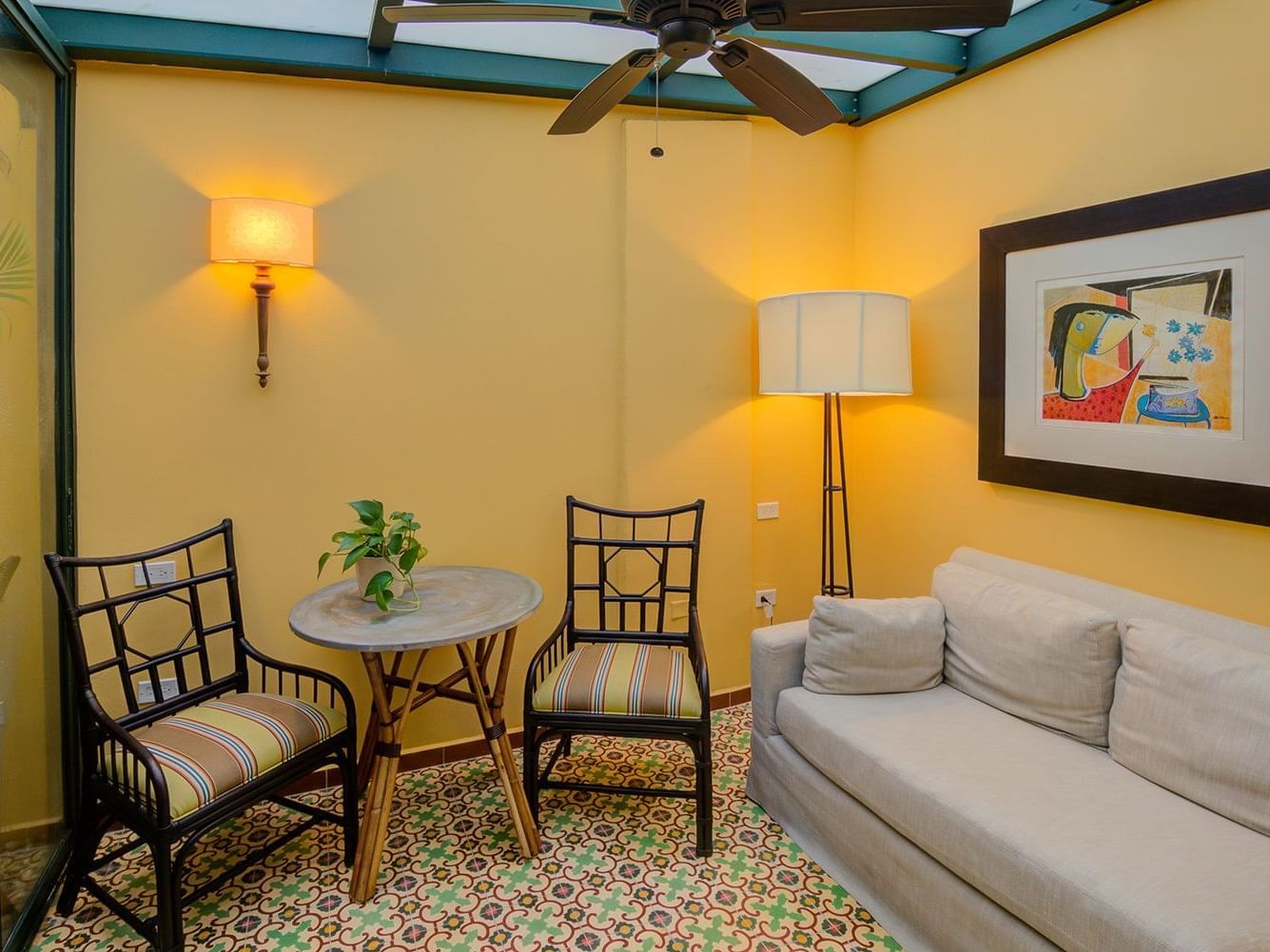 The living room of the Garden Terrace room at Hotel El Convento
