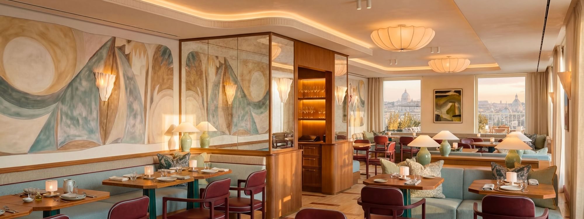 Wooden dining tables and leather chairs in Lyve Restaurant with a large window facing the skyline view at Thompson Rome