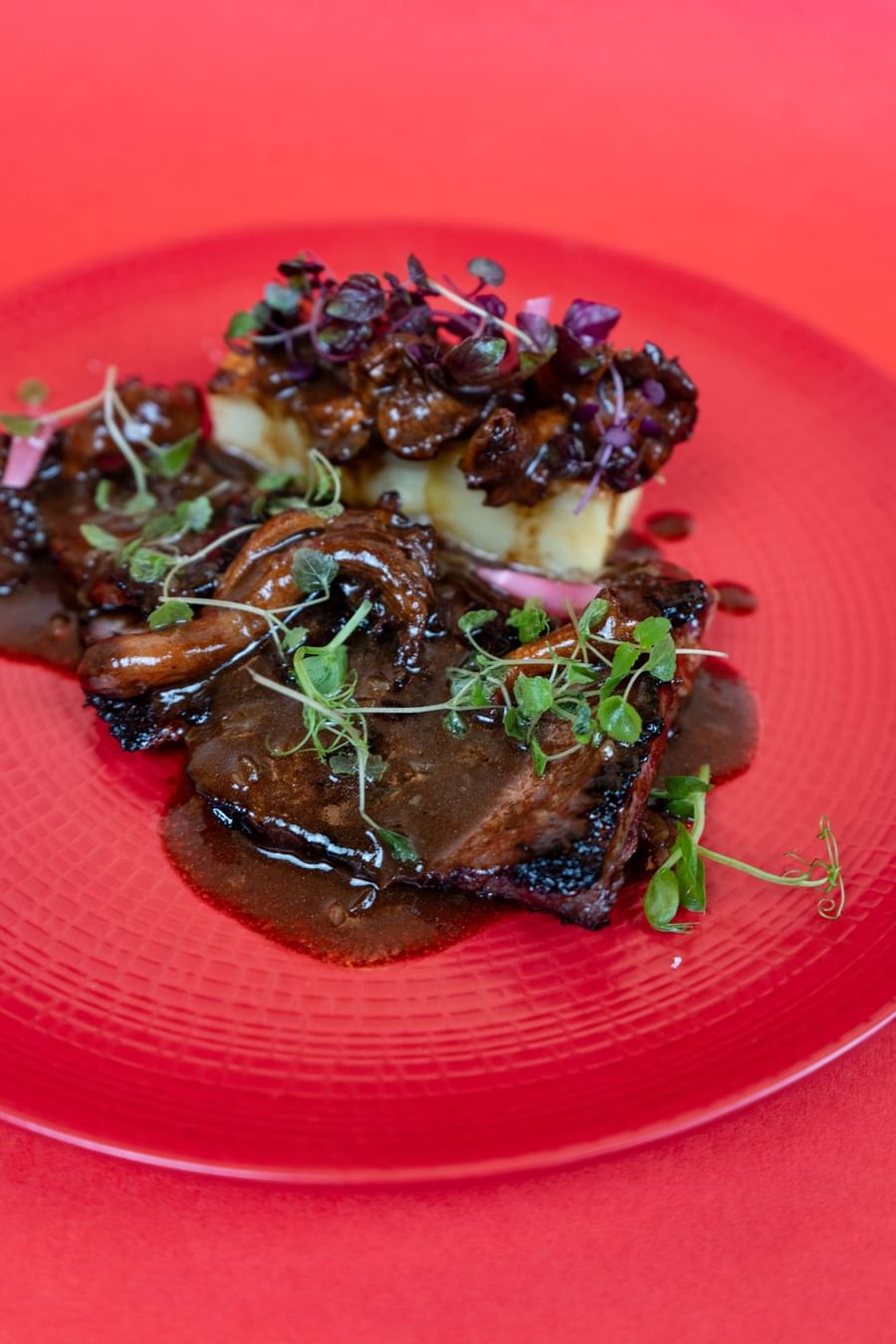 Pluma de cochon ibérique laqué au miel et soja, poêlée de girolles, mille-feuille de pommes de terre et jus corsé