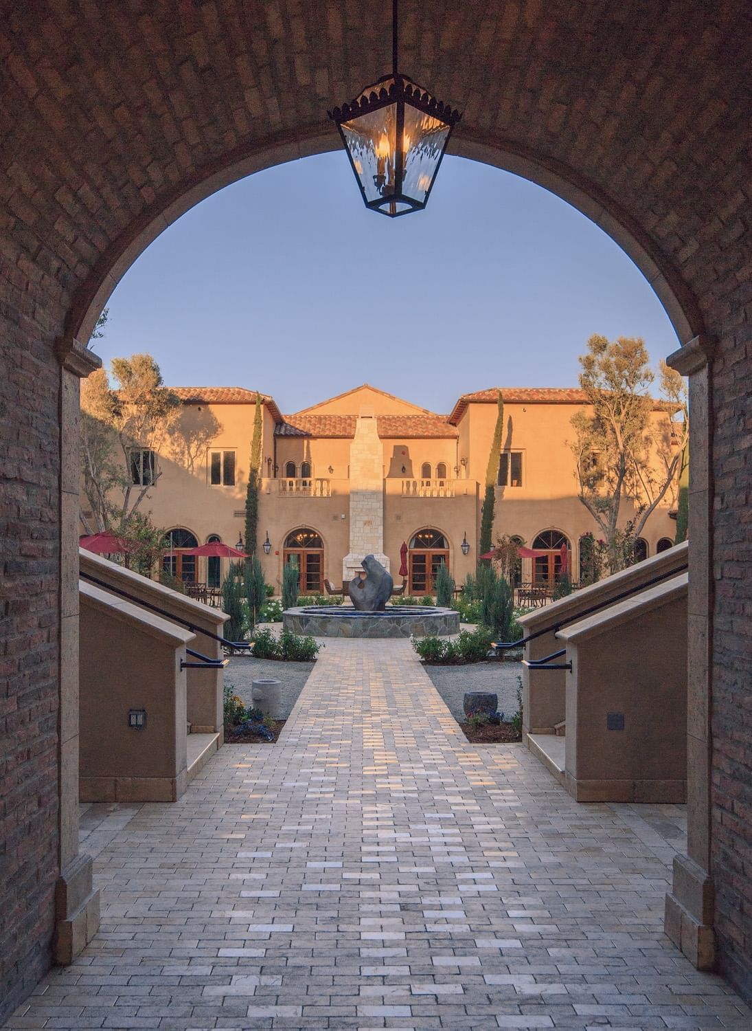 Looking through an archway into the resort's courtyard
