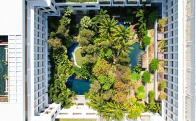 High angle view of an open tropical pool area at The Danna Langkawi