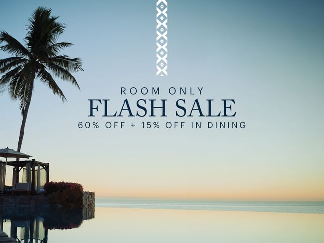 Infinity pool with palm tree and ocean view at sunset promoting room and dining discounts.