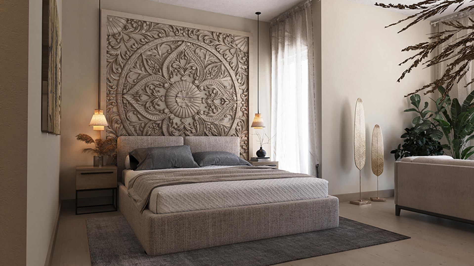 Bedroom featuring a textured wall panel with plush bedding, and soft lighting at Titanic Deluxe Sharm El Sheikh